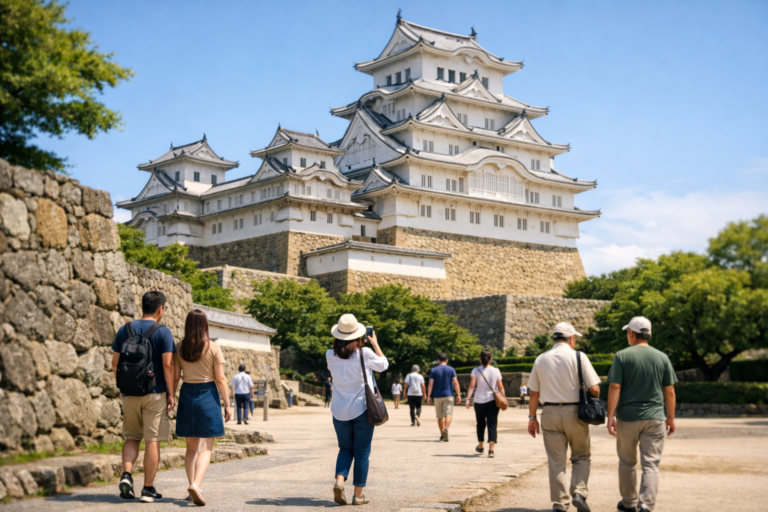 Visitors walk near Himeji Castle as tourists explore the historic site under bright daytime conditions