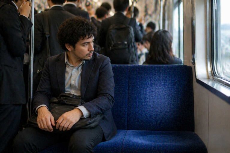Passenger sitting beside an empty seat in a crowded Japanese commuter train