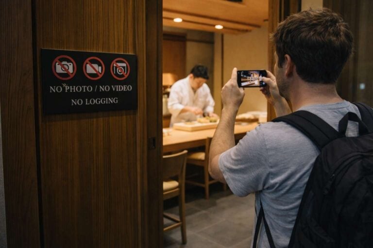 Traveler holding up a phone at the entrance of a Japanese restaurant during service
