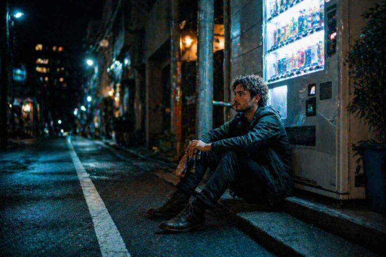 A man sits beside a vending machine on a quiet city street at night.
