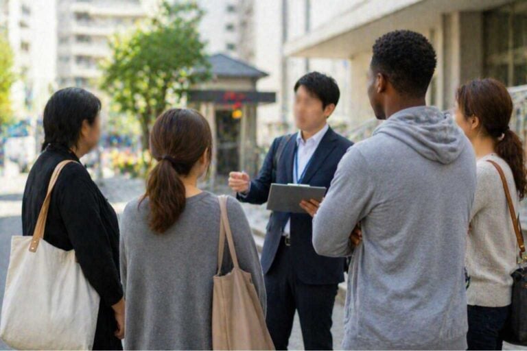 Residents from different backgrounds stand outside a civic building while speaking with a legal adviser.