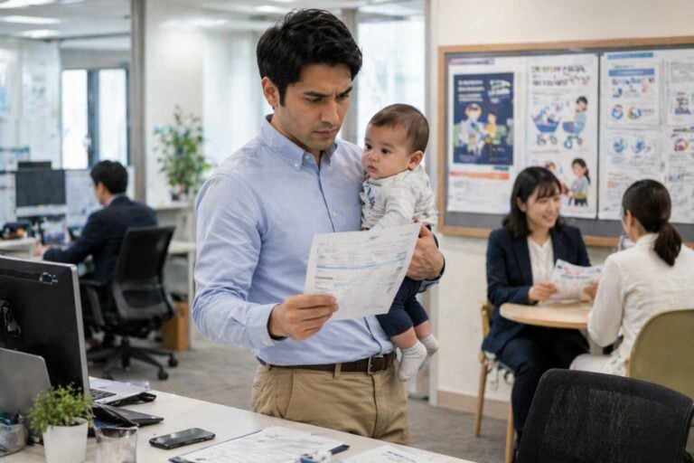 Father holding a baby reviews leave documents with a staff member in a Japanese office