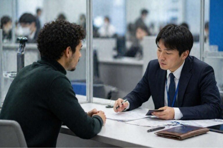 Resident discusses residence documents with an officer at an immigration counter in Japan