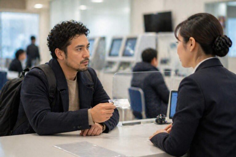 Resident holds an ID card while speaking with a staff member at a service counter in Japan