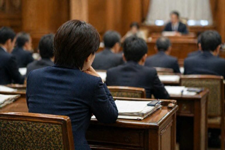 A woman in a blue suit sits in a government chamber looking tired with her hand near her face.