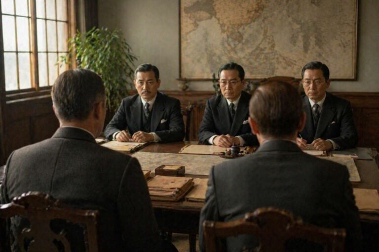 Officials sit across a table in a 1940s diplomatic office during a tense wartime discussion.