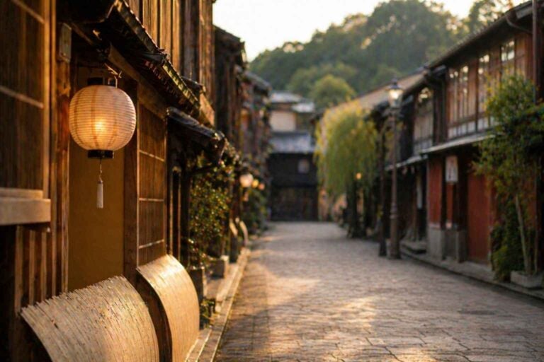 Quiet traditional street in Kanazawa with wooden buildings and stone pavement