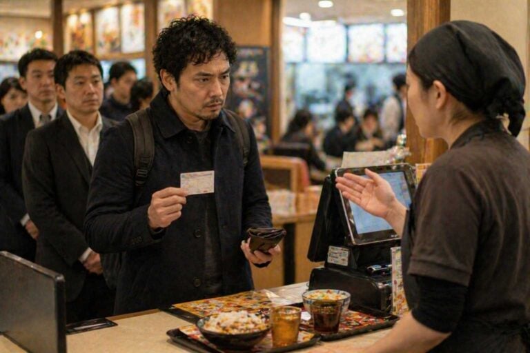 Customer holding an ID card during a payment discussion at a restaurant counter in Japan
