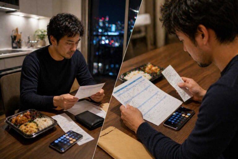 Worker compares food costs and monthly pay documents at a small apartment table in Japan