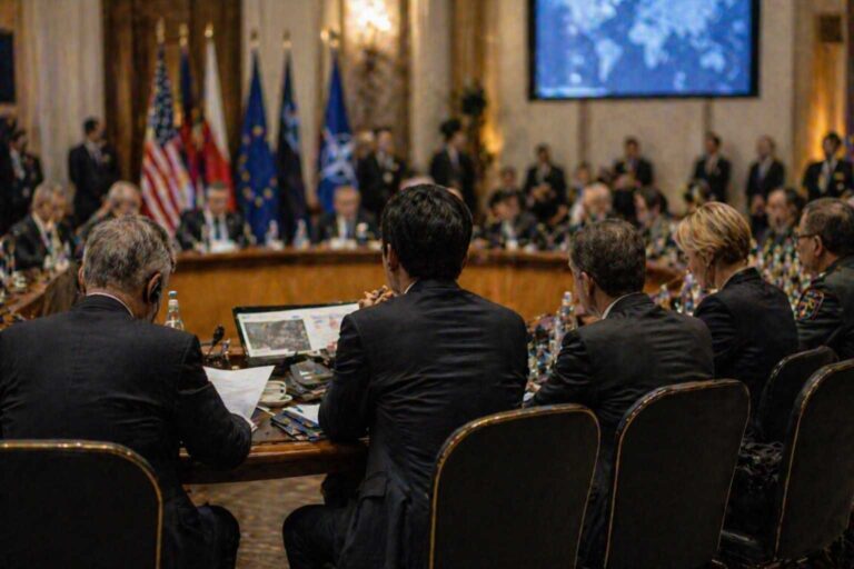 Diplomats and policy officials sit in a conference venue during a tense international security discussion.