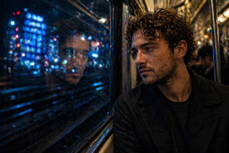 A man sits on a train at night looking at his reflection in the window.