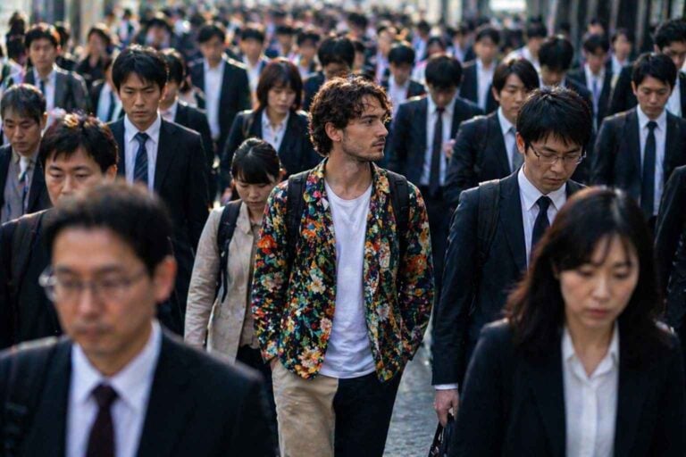 A man walks among a crowded group of office workers on a city street.