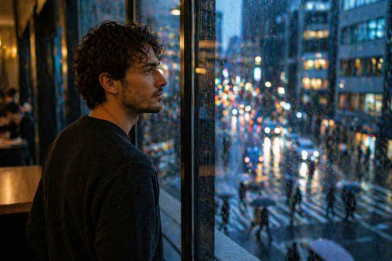 A man stands by a rain-covered window looking out over a city street at dusk.
