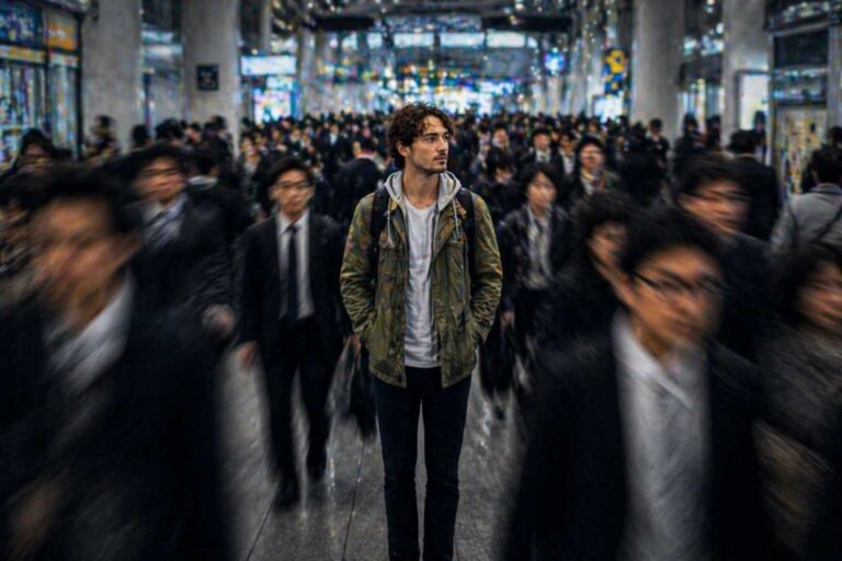 A man stands still in a crowded station corridor as commuters move around him.