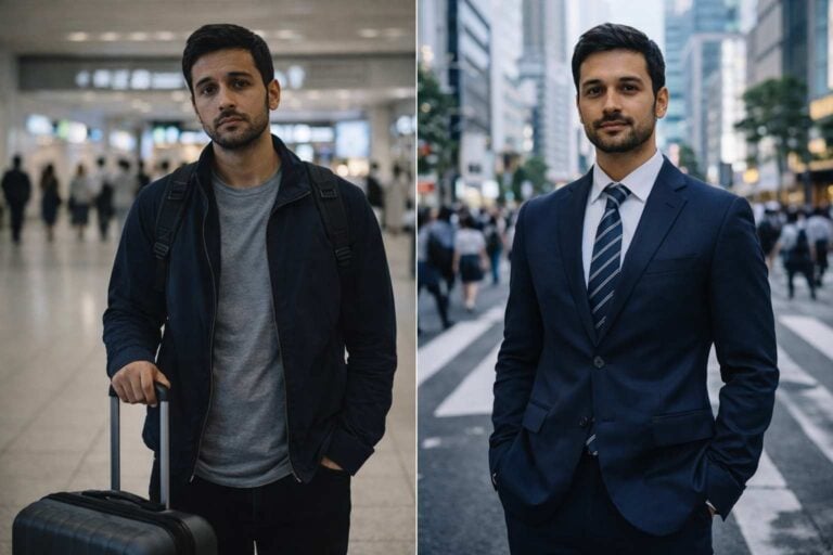 Split portrait of a man with a suitcase on one side and the same man in a suit on a city street.