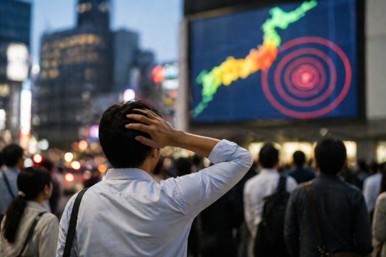 Commuters in a Tokyo street look up at a large public emergency screen after an earthquake alert.