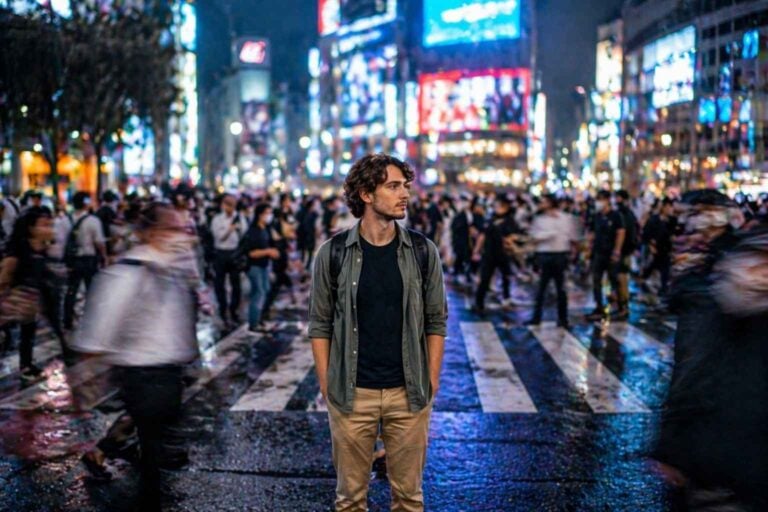 A man stands calmly on a busy Tokyo sidewalk as pedestrians move around him.