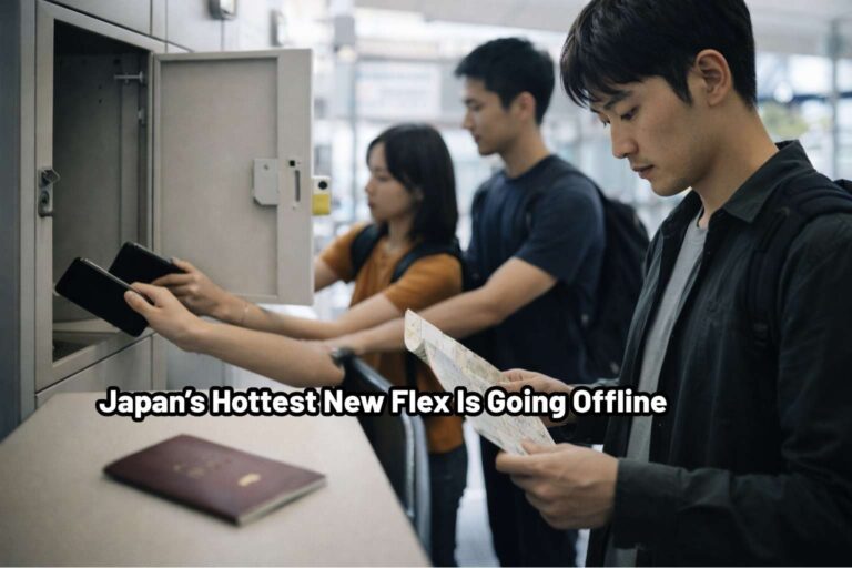 Young adults in Japan place smartphones in a locker before a trip while checking a paper map