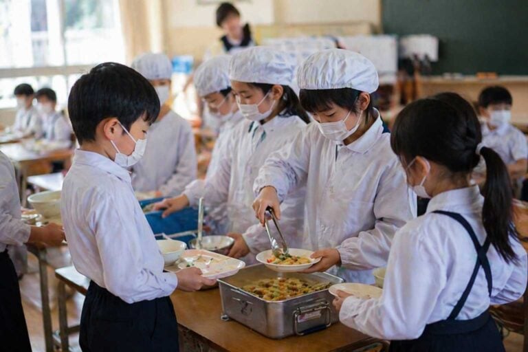 Children in a Japanese classroom serve school lunch to classmates while others wait with trays.