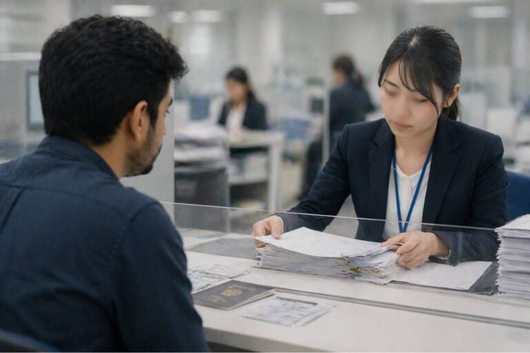 Applicant reviews naturalization paperwork with a clerk at a government office in Japan