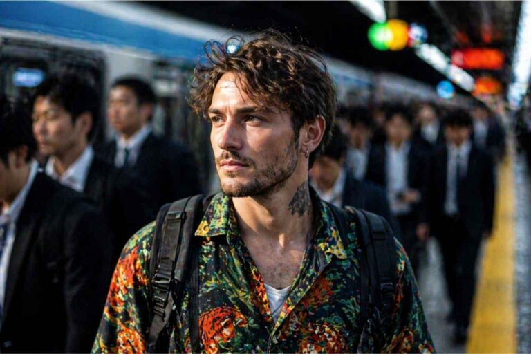A man with a backpack stands on a crowded train platform while commuters move behind him.