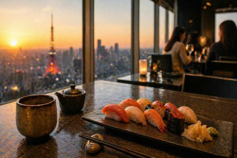 Sushi plates on a table beside a high-floor Tokyo skyline view at sunset