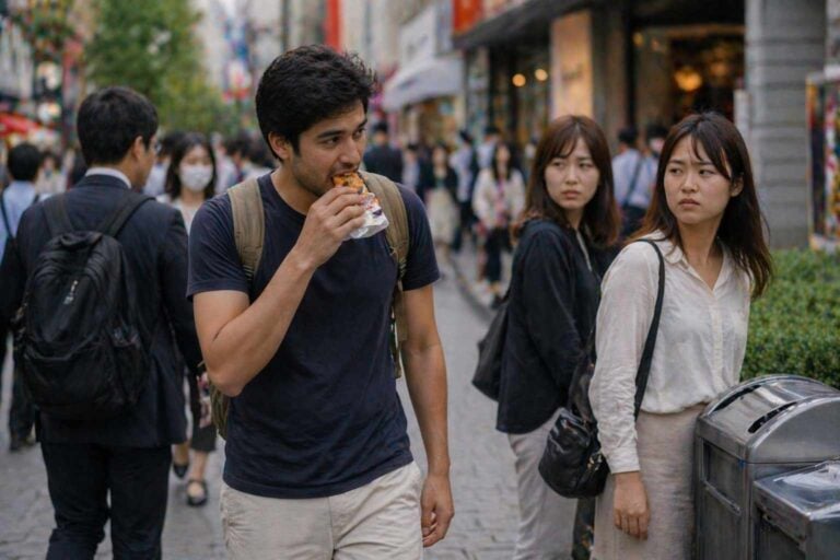Traveler eating a snack while walking on a crowded street in Japan