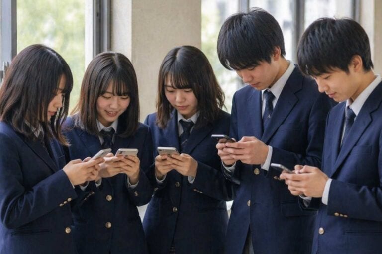 Japanese high school students stand in a hallway looking down at smartphones.