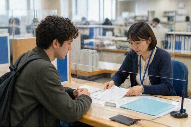 Resident reviews tax and insurance paperwork with a clerk at a municipal office in Japan