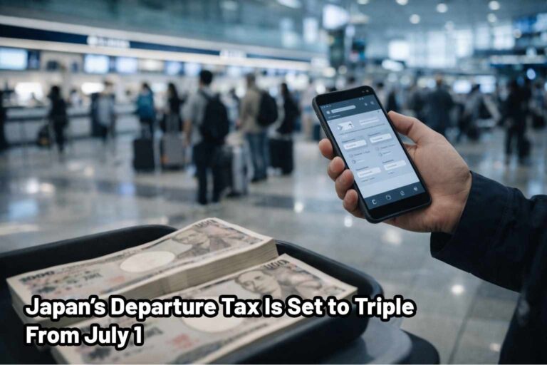 Traveler holding boarding pass phone with yen cash at a Japan airport departure hall
