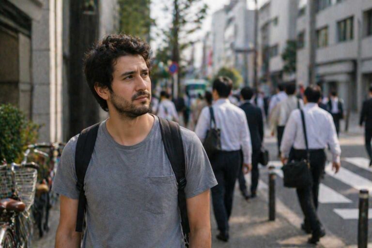 A man stands on a Tokyo sidewalk while office workers walk in the background.