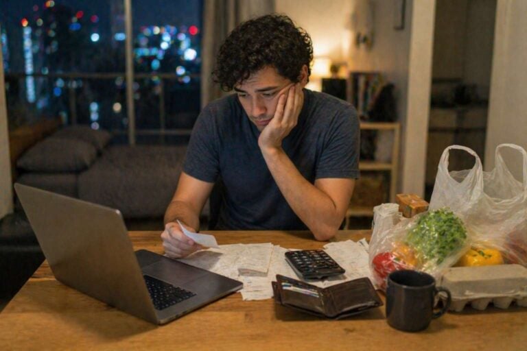 Worker reviews monthly living costs at a small apartment table in Tokyo at night