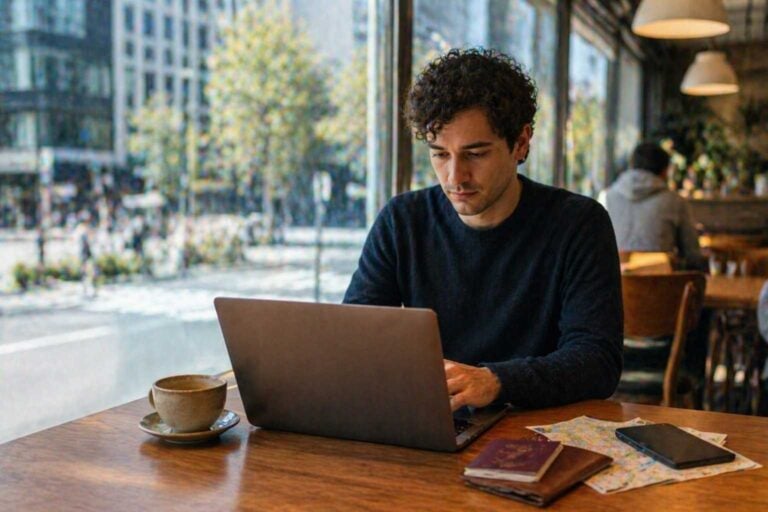 Remote worker using a laptop at a cafe in Japan with travel documents on the table