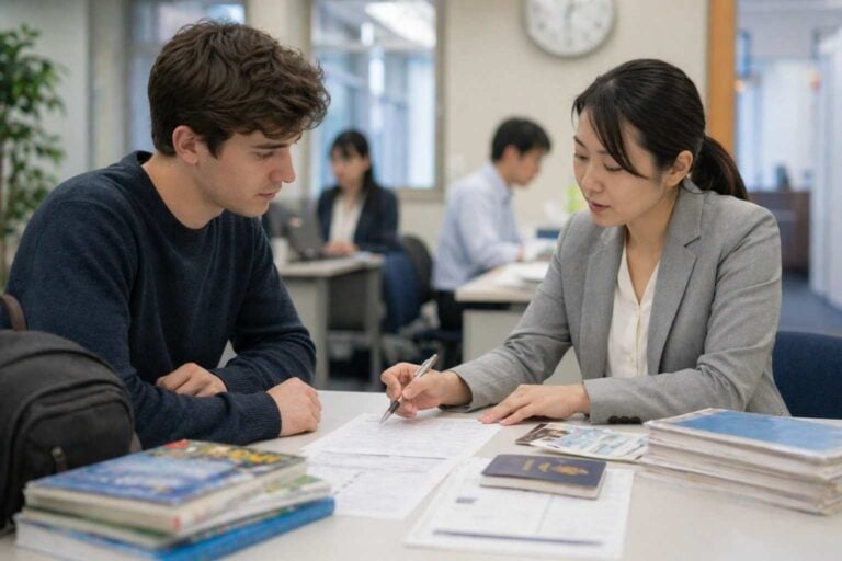 Student reviews part-time work documents with school staff in a Japanese office