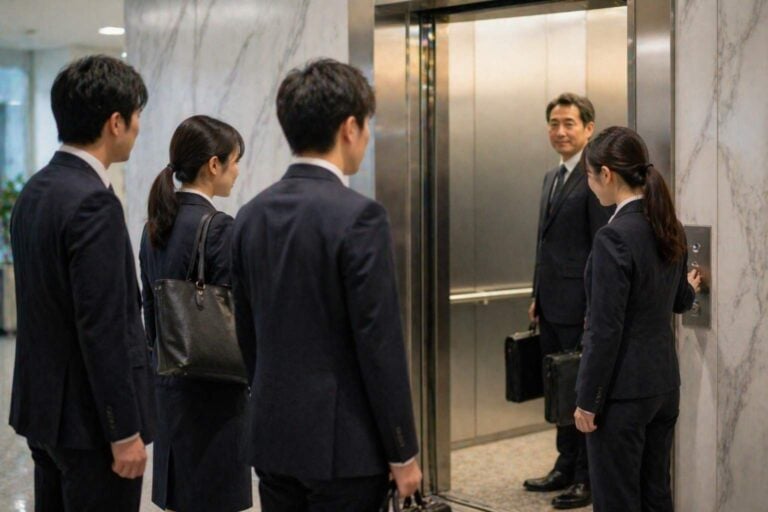 Office workers stand in a Japanese elevator lobby as a junior employee reaches for the control buttons