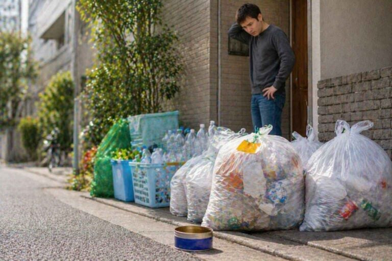 Returned trash bag with a yellow violation sticker at a Japanese apartment entrance