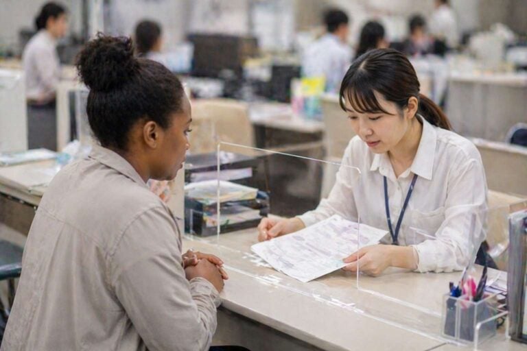 Resident submits paperwork to a municipal office clerk during a tax and status review in Japan