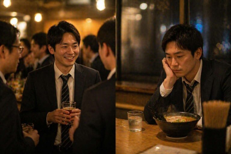 Split scene of a person smiling at a social gathering and sitting alone later in a ramen shop