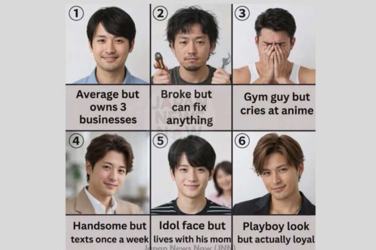 Six-panel collage shows different men matched with dating-style traits and trade-offs