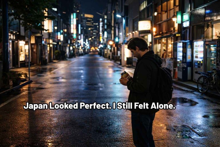 A person stands alone on a quiet city street at night holding food as lights reflect on the wet road.