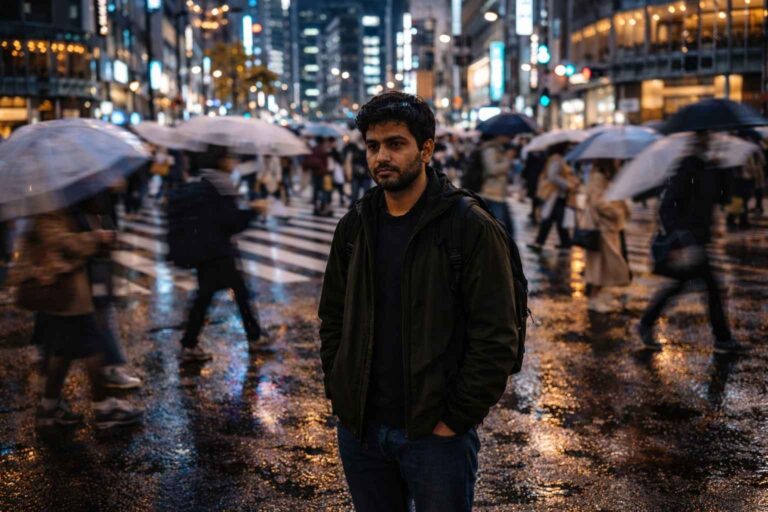 A man stands still in a rainy city crosswalk at night while pedestrians move past with umbrellas.