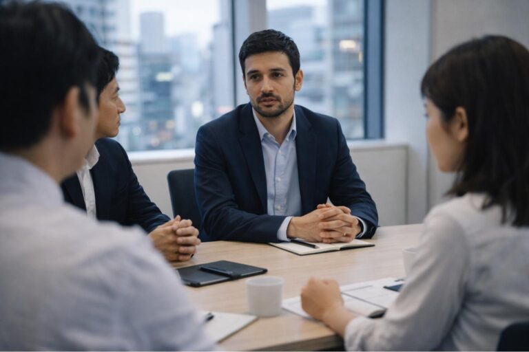 A man in a suit sits at a meeting table speaking with three coworkers in a bright office.