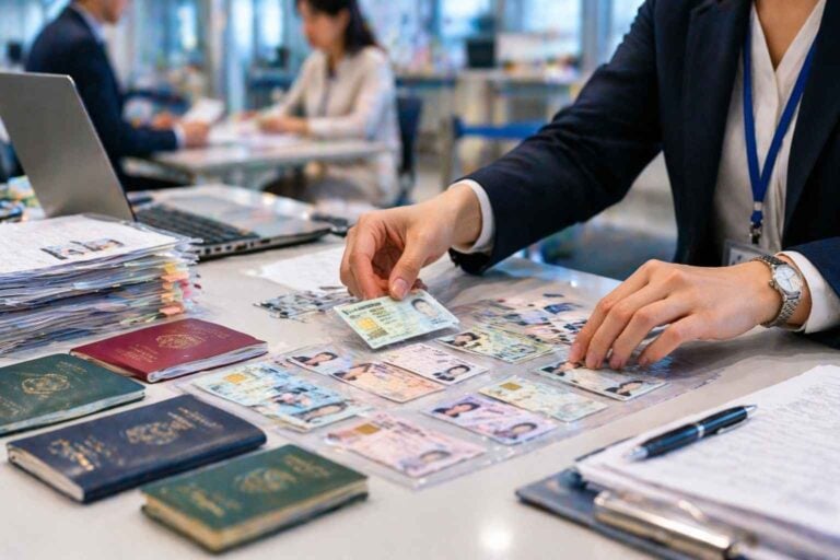 Residence cards and passports arranged on a desk during an application review in Japan