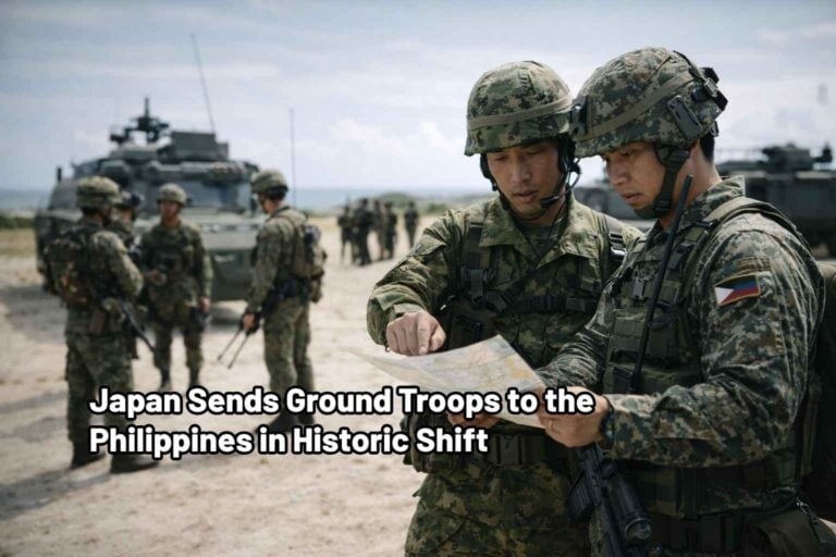 Japanese and Philippine troops coordinate during a coastal military exercise with allied personnel behind them.