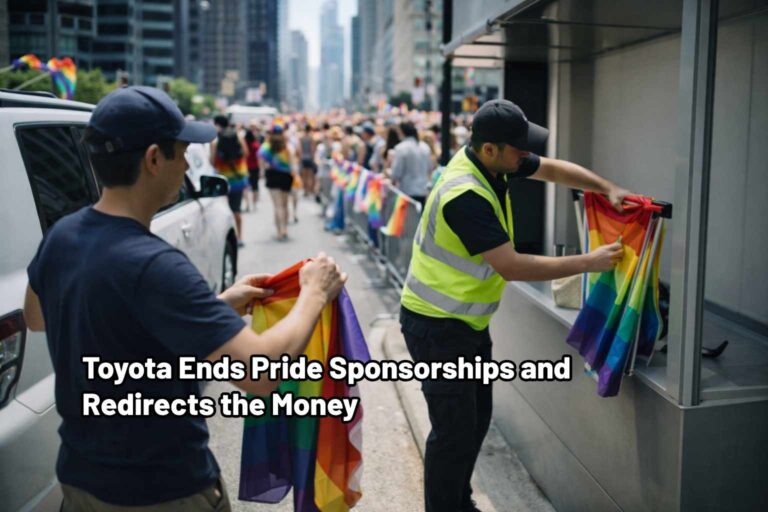 A rainbow-decorated parade vehicle moves through a Pride event as people gather along the street.