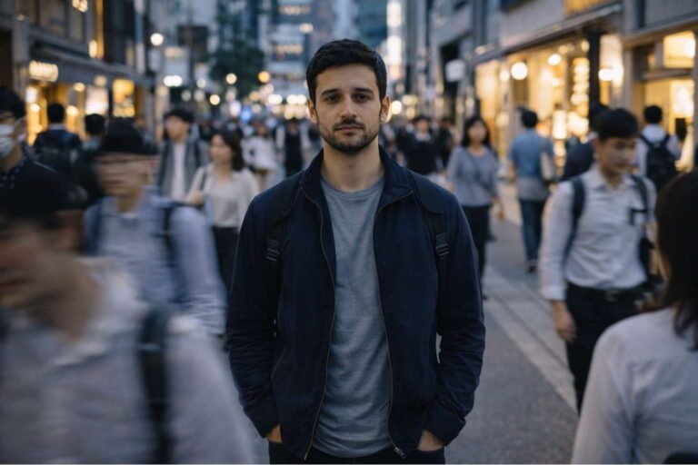 A man stands on a busy city street while pedestrians move in the background.