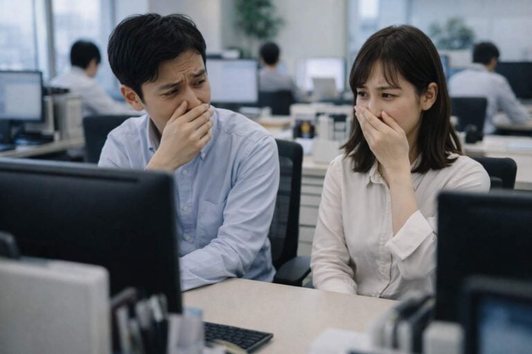 Two office workers sit at nearby desks in a bright Japanese office during a tense workplace exchange