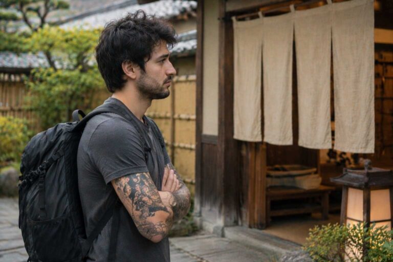 Tattooed traveler standing outside a traditional bathhouse entrance in Japan