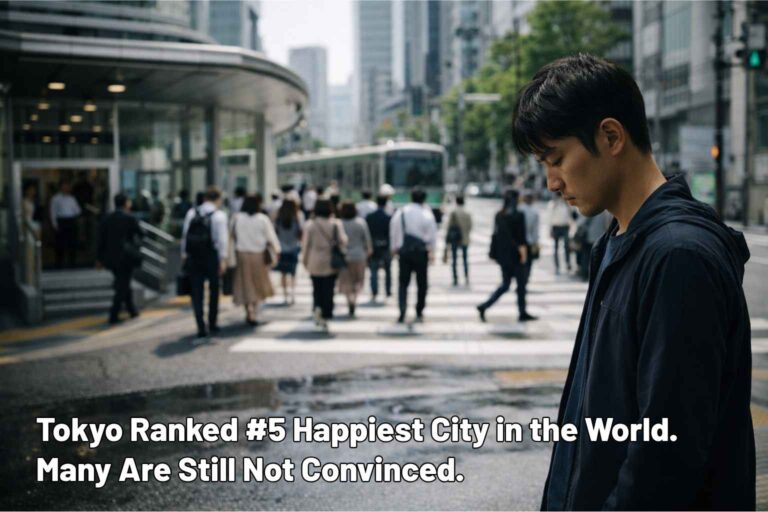 A solitary commuter walks through central Tokyo as blurred office workers move behind him.