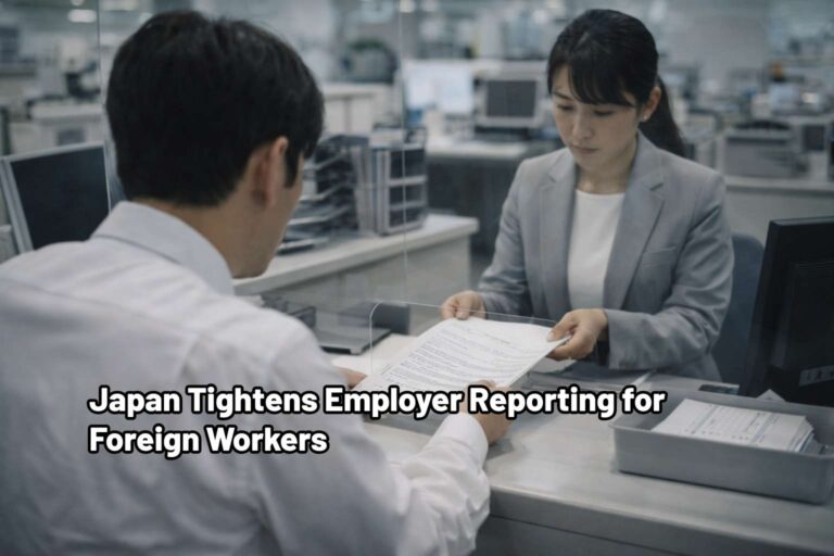 Employer submitting foreign worker paperwork at a public employment office counter in Japan